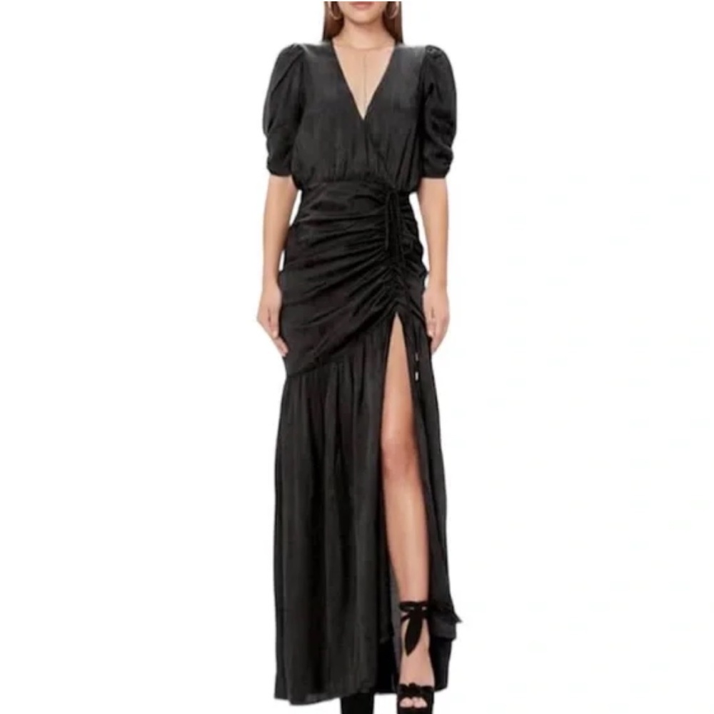 AFRM Nile Ruched Snake-Jacquard Maxi Dress XS Black NWOT